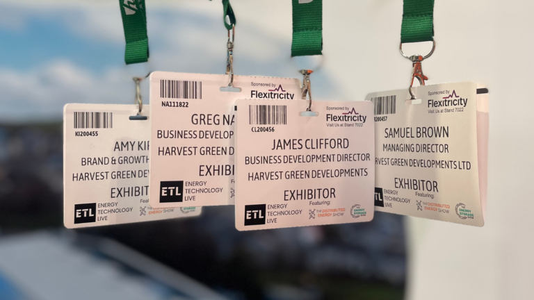 Badges at Energy Technology Live for Sam, Amy, James and Greg