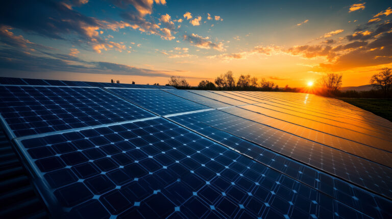 solar power for businesses showcased by solar panels alongside a sunrise