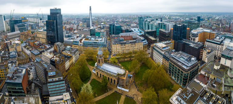 Aerial view of Birmingham, a major city in England’s West Midlands region, with multiple Industrial Revolution-era landmarks