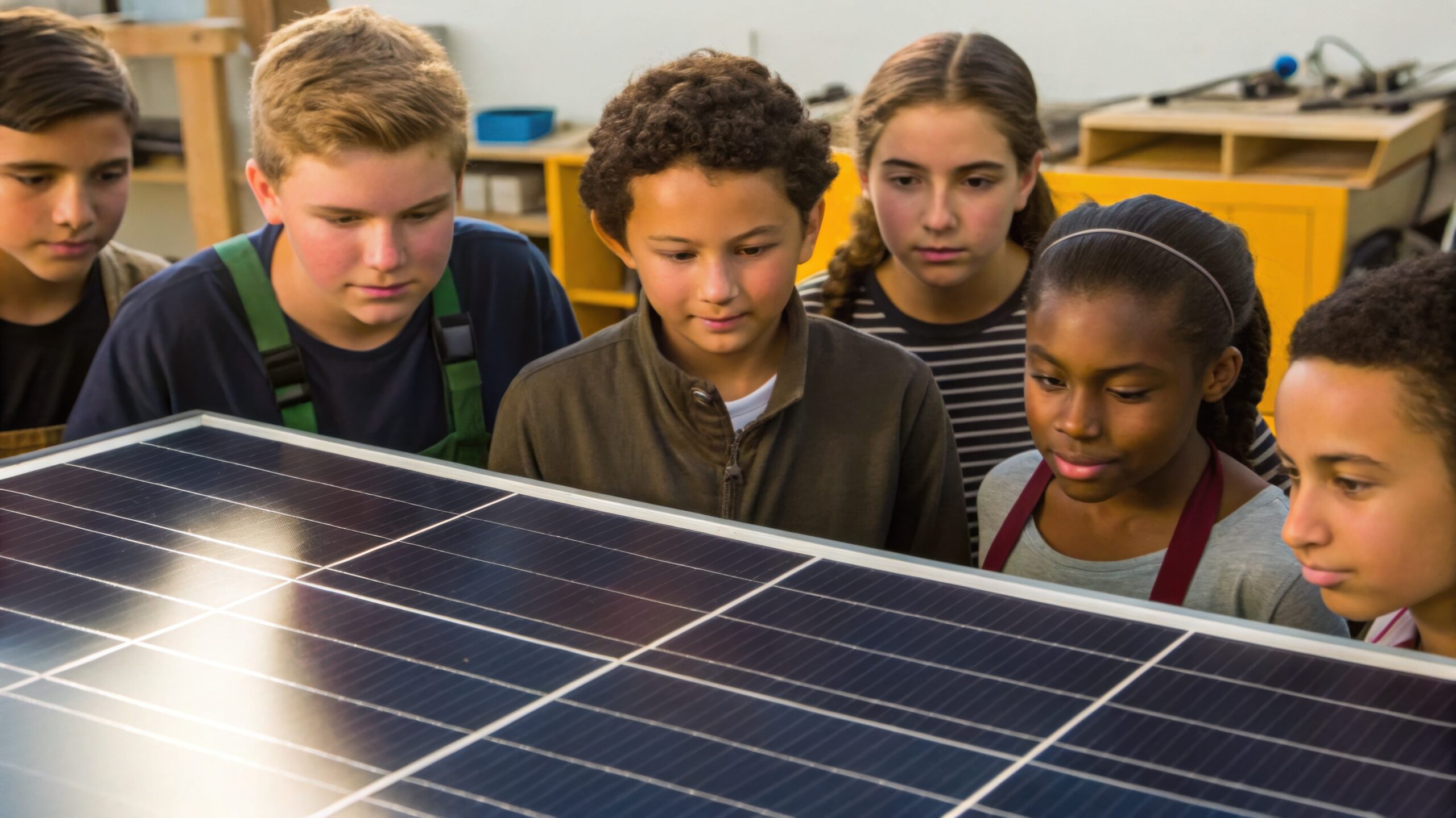 Six xhildren looking at a solar panel to show the importance of solar panels for schools